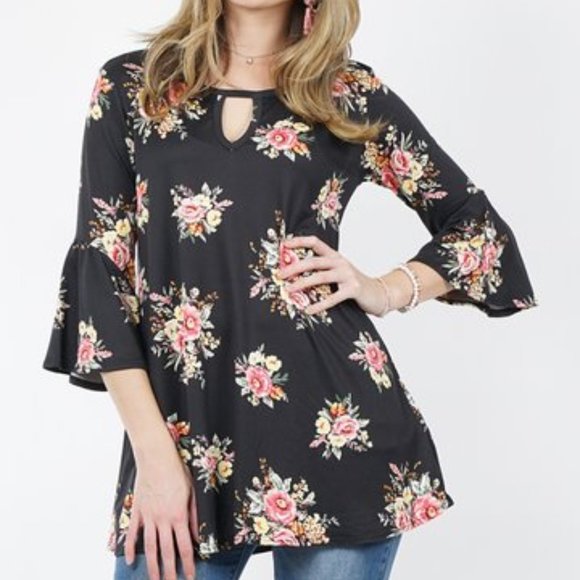 42 Pops Keyhole Design Black Floral Bell Sleeve Tunic Women Medium Flare Top - Picture 6 of 8